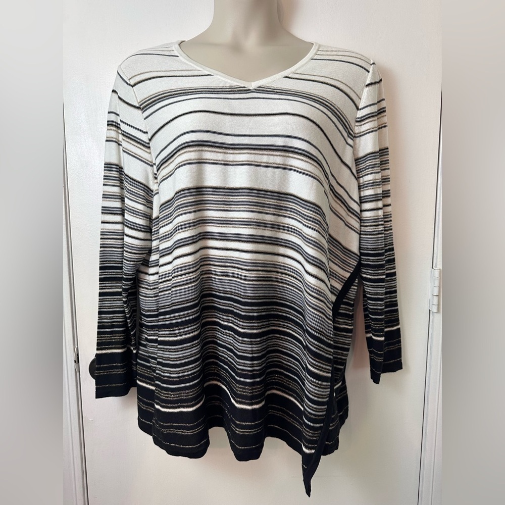 Catherine’s Flowy Lightweight shimmer Gold Black White Tunic Top V Neck 2X #1610